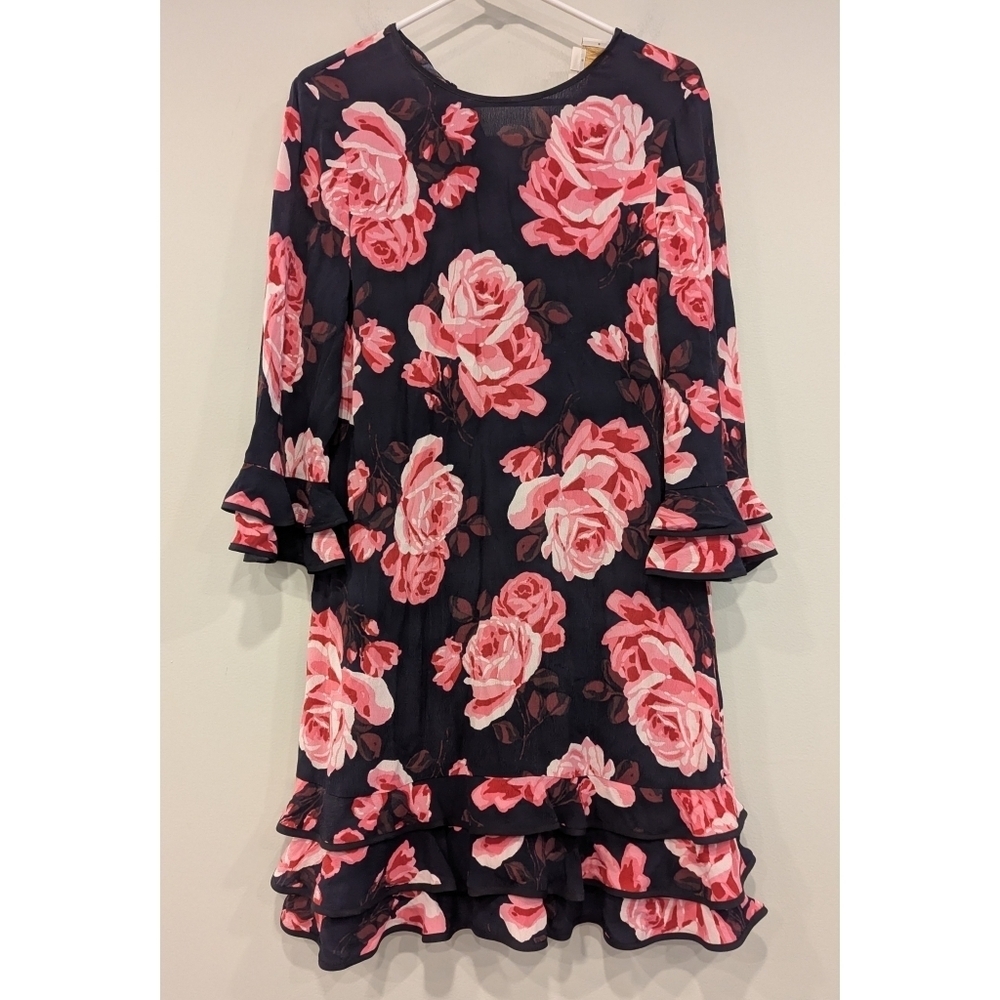 Kate Spade Rosa Pink Floral Ruffle 3/4 Length Sleeve Dress Size Small